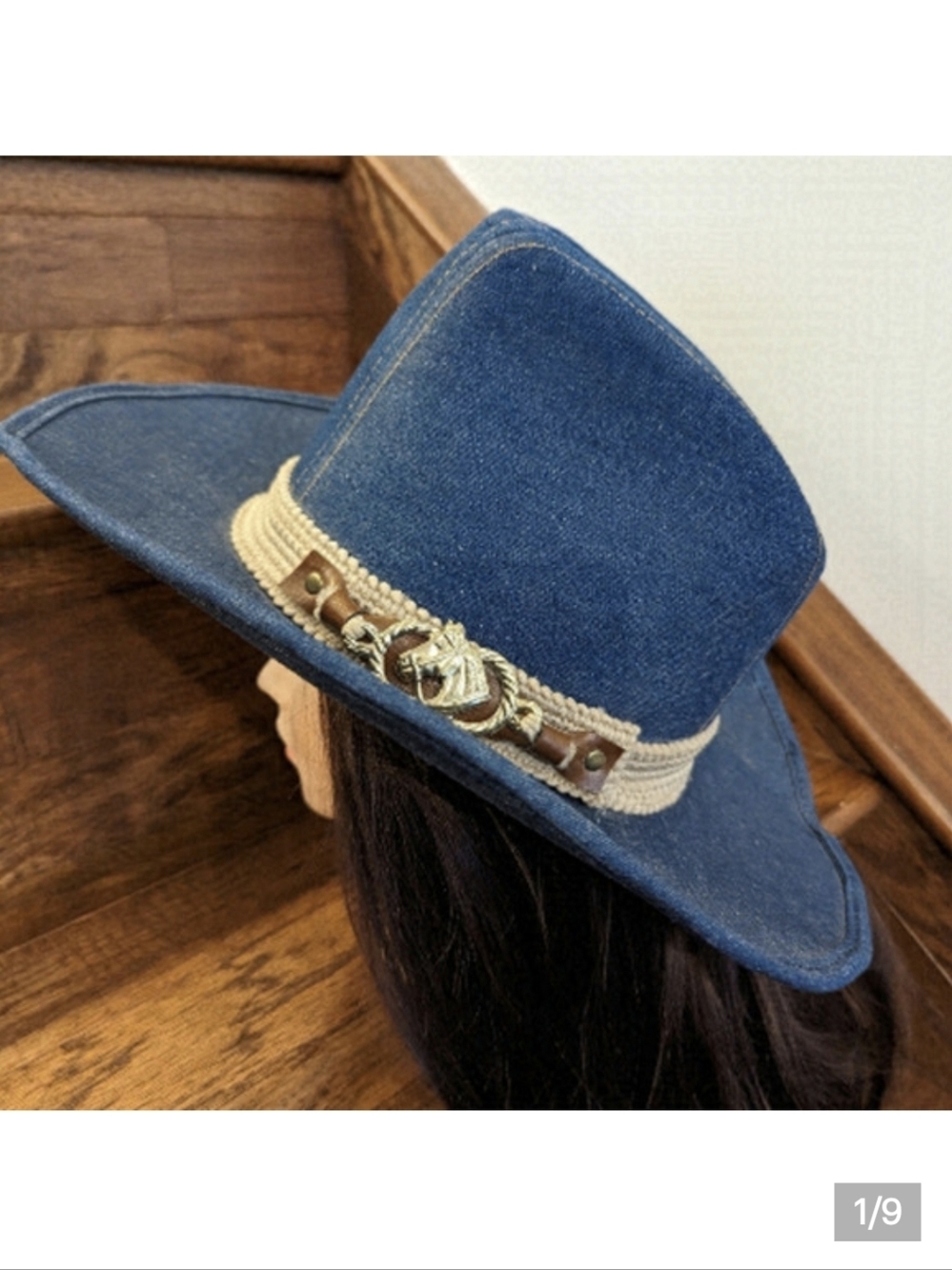 Vintage 60s denim western cowboy hat with macrame